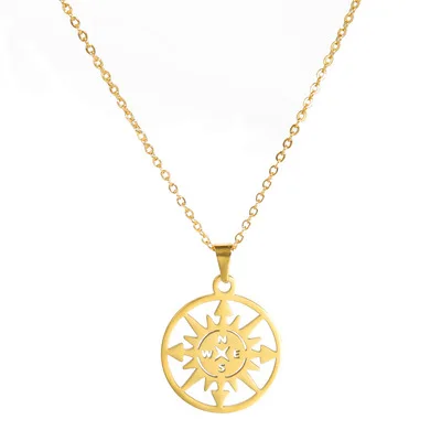 

New Arrivals Fashion Stainless Steel Personality Letter Necklace Gold Plated Compass Necklace for Women Men, Steel gold