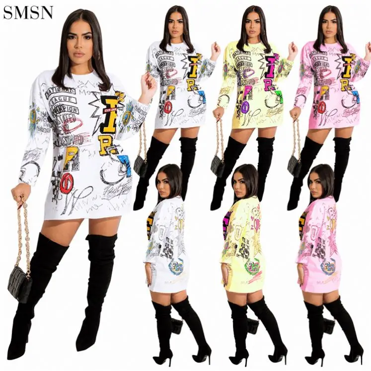 

New Trendy Doodle Print Pullover Dress Casual Woman Dress Women Fall Clothes Dresses