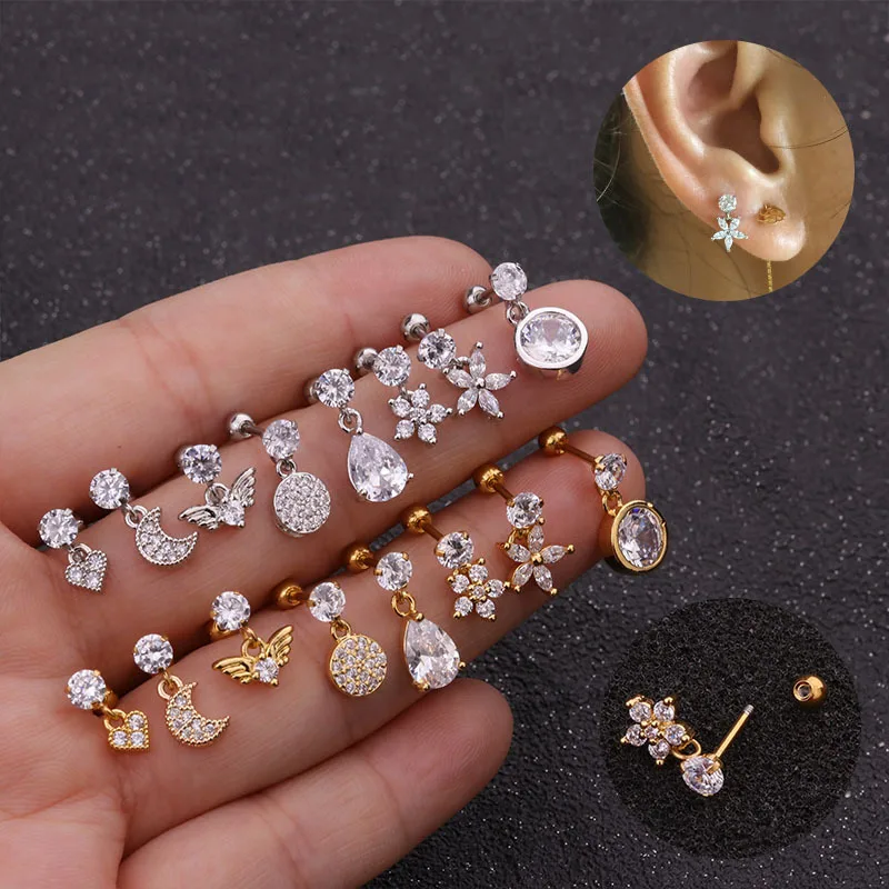 

POENNIS Gold silver star moon shape CZ ear piercings earrings women 7 beach jewelry rook daith tragus piercing jewelry