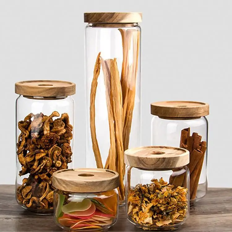 

Wholesale Hand Made Mouth Blown Wide Mouth Clear Glass Jar Containers With Acacia Wooden Lid