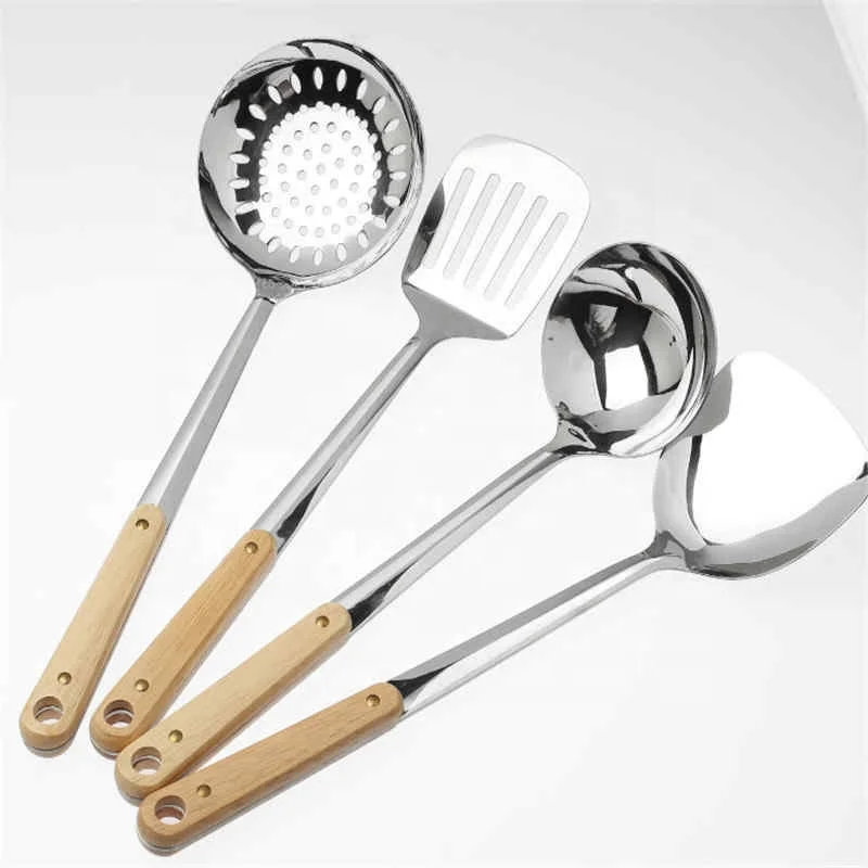 

Wooden Handle Wok Spatula 304 Stainless steel spatula cooking Utensils spoon long handle Large Size turner Fried Steak Shovel