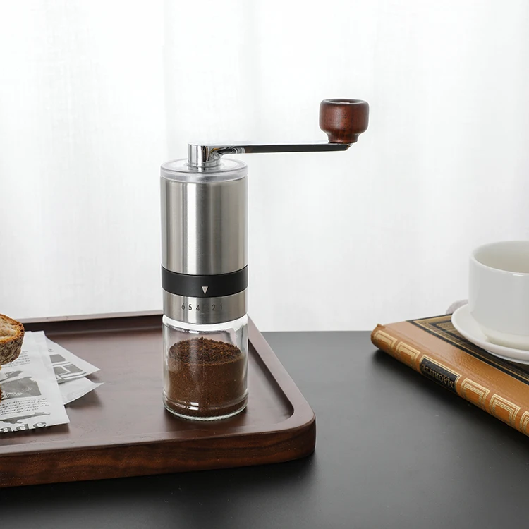 

Hand Crank customized 6 Precisions Coarseness Setting Coffee Bean Mill Manual coffee bean grinder pse with glass jar