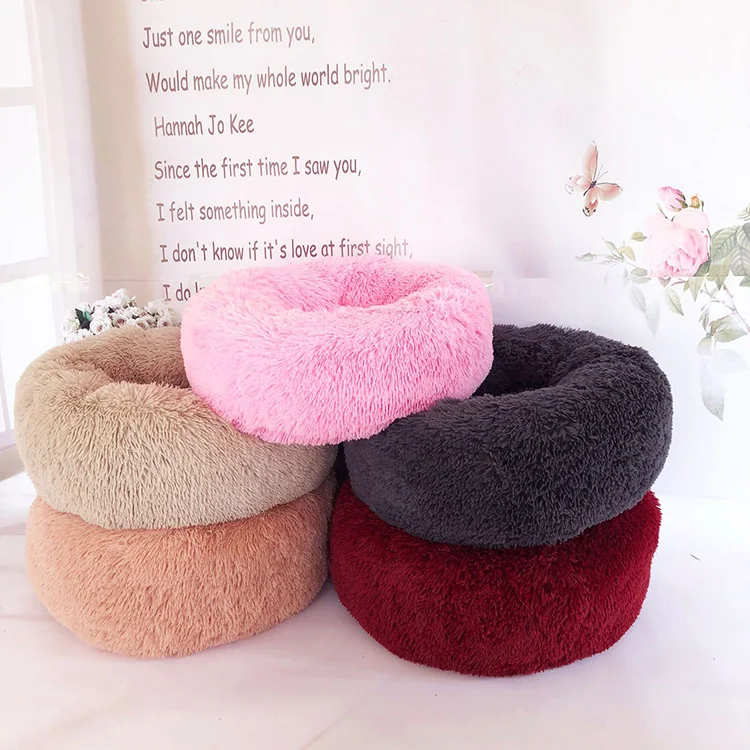 Calming Vegan Luxury Shaggy Round  Comfy Faux Fur Pet Bed Donut Cuddler