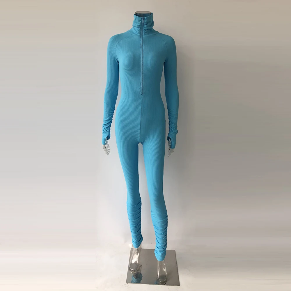 
8358 Autumn Winter Tight Long Sleeve Pants Deep O- Neck Half Zipper Sexy Rompers Womens Jumpsuit stacked leg jumpsuit 