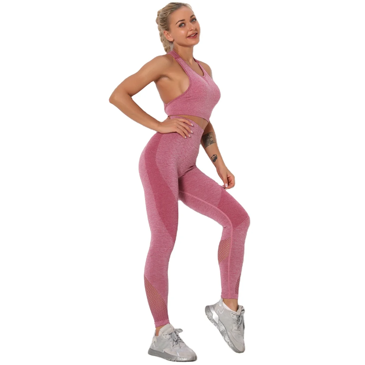 

2021Allure women new seamless knitted high waist hip sexy hollow yoga wear bra set sports running fitness pants, Shown
