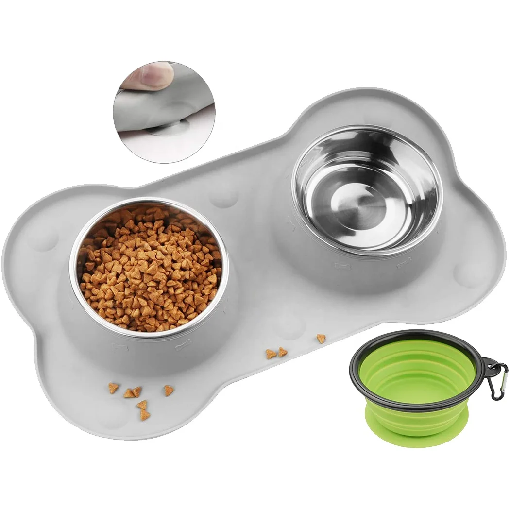 

Wholesale Double Pet Food Bowl Portable Pet Slow Bowl With Silicone Pet Mat, Black grey blue pet bowl pet mat