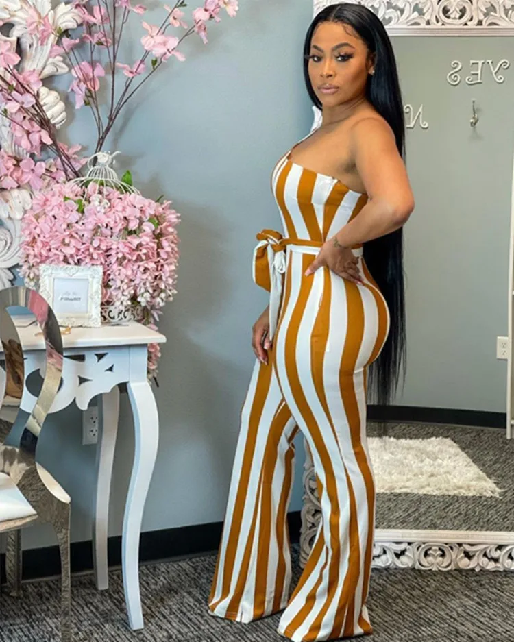 

2021Tight Fitting Elegant Women Jump Suit Casual Silk Long Backless Evening Stripped Jumpsuit One Piece Printed Stripe Jumpsuits, 2 colors