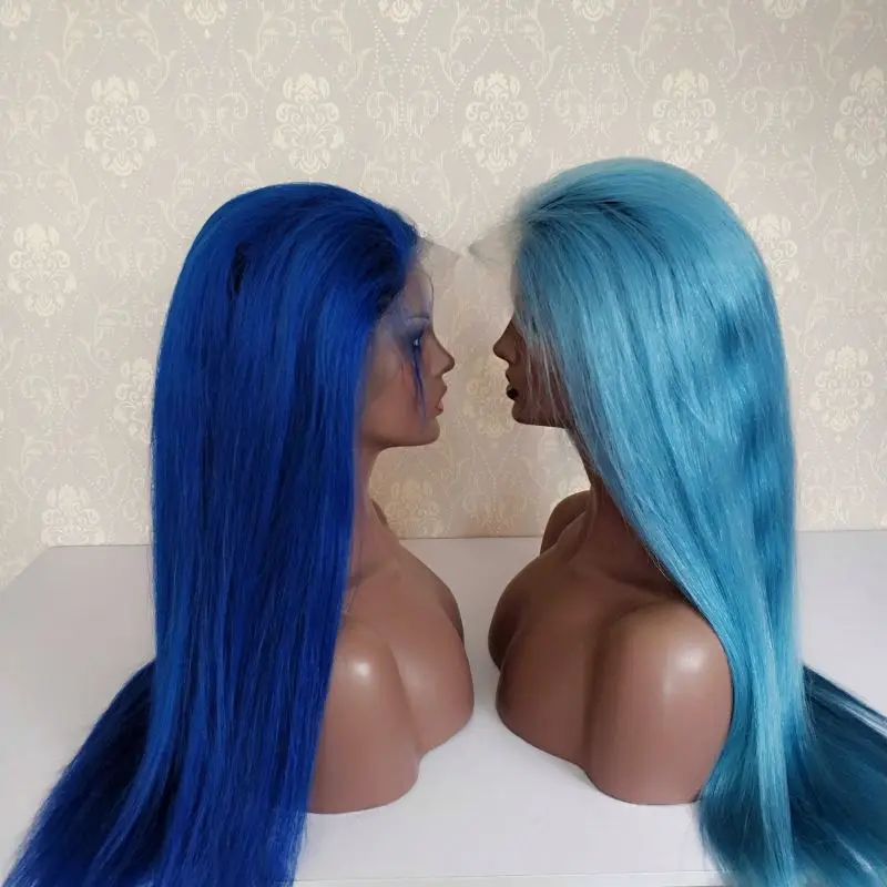 Remy 100 Human Hair Weave Blue Color Human Hair Hand-Tied Color Silk Top Body Wave Full Lace Wig