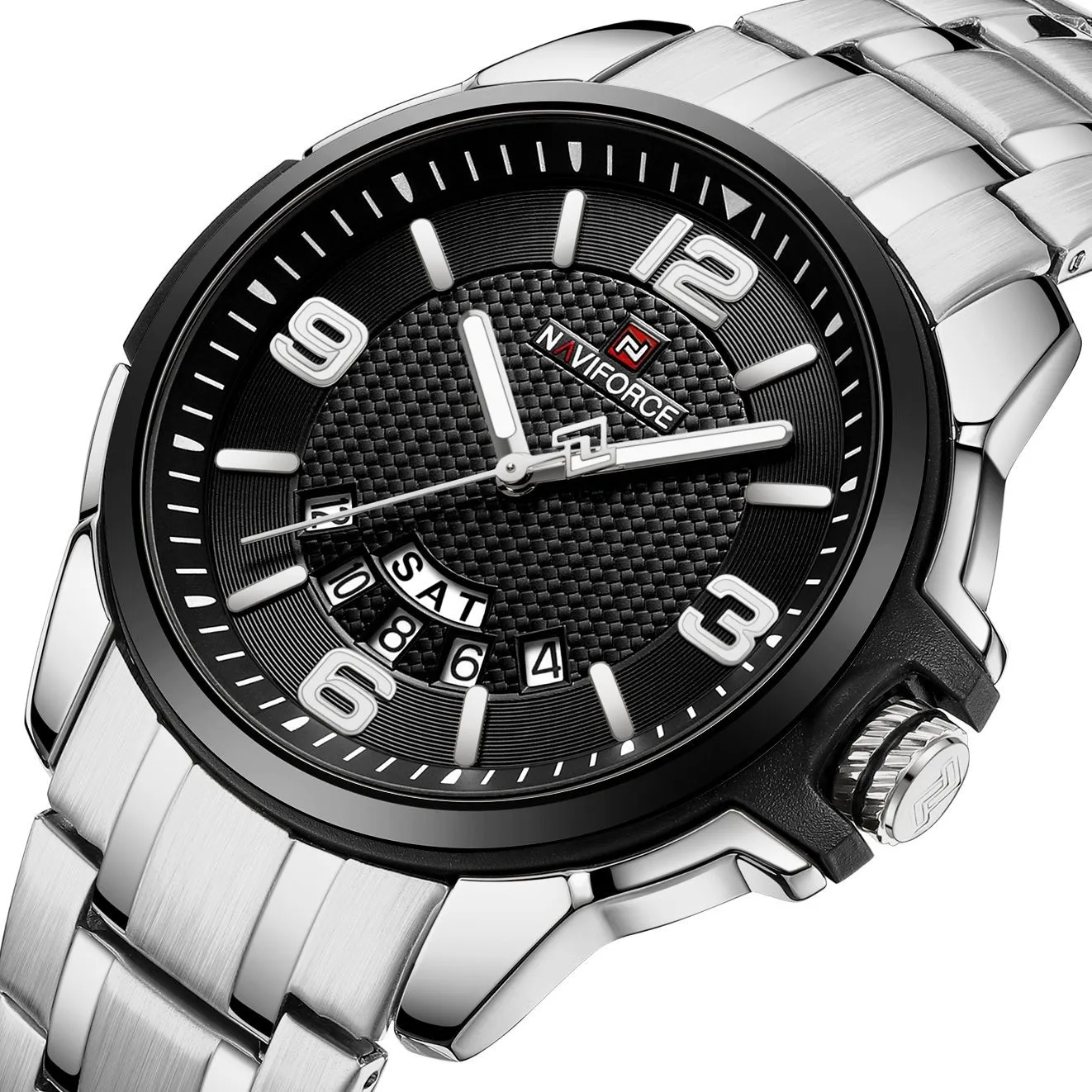 NAVIFORCE 9215 Men Business Calendar Watch Stainless Steel Waterproof Wristwatch Mens Casual Sport Quartz Watches Silver Black