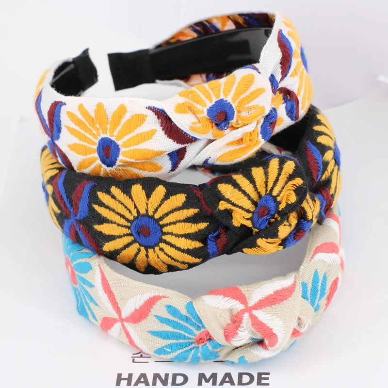 

Korean Headwear Vintage Bohemian Totem Embroidery Ethnic Style Knot fashion Headband Elastic Hair bands