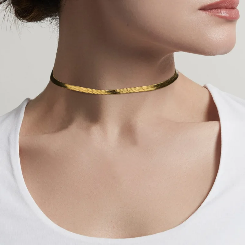 

Stainless Steel Herringbone Chains Necklace Choker Flat Snake Chain, As pic
