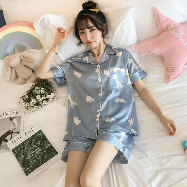 

High quality silk Sleepwear One set woman girl piyama cute nighty Wholesale one set summer short Sleeve Women Pajamas, As shown