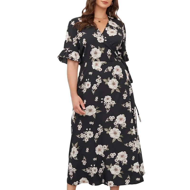 

Ropa de mujer talla grande Floral Flounce Sleeve kaftan woman dresses