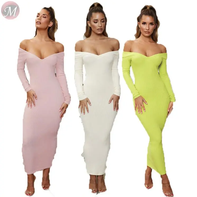 9111907 newest pure color v-neck autumn rib bodycon latest designer women casual maxi dress