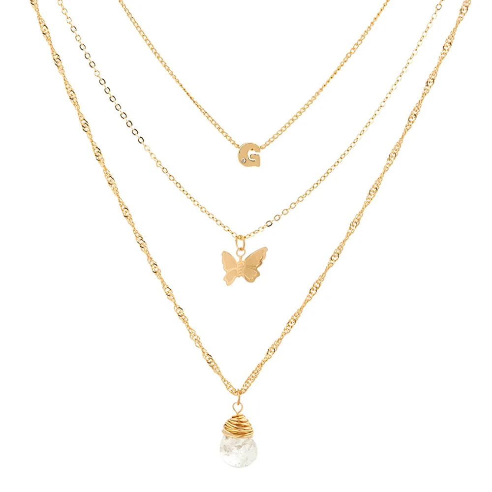 

Fashion Transparent Natural Stone Pendant 14K Gold Necklace Ins Butterfly Multi Layered Water-wave Chain Necklace