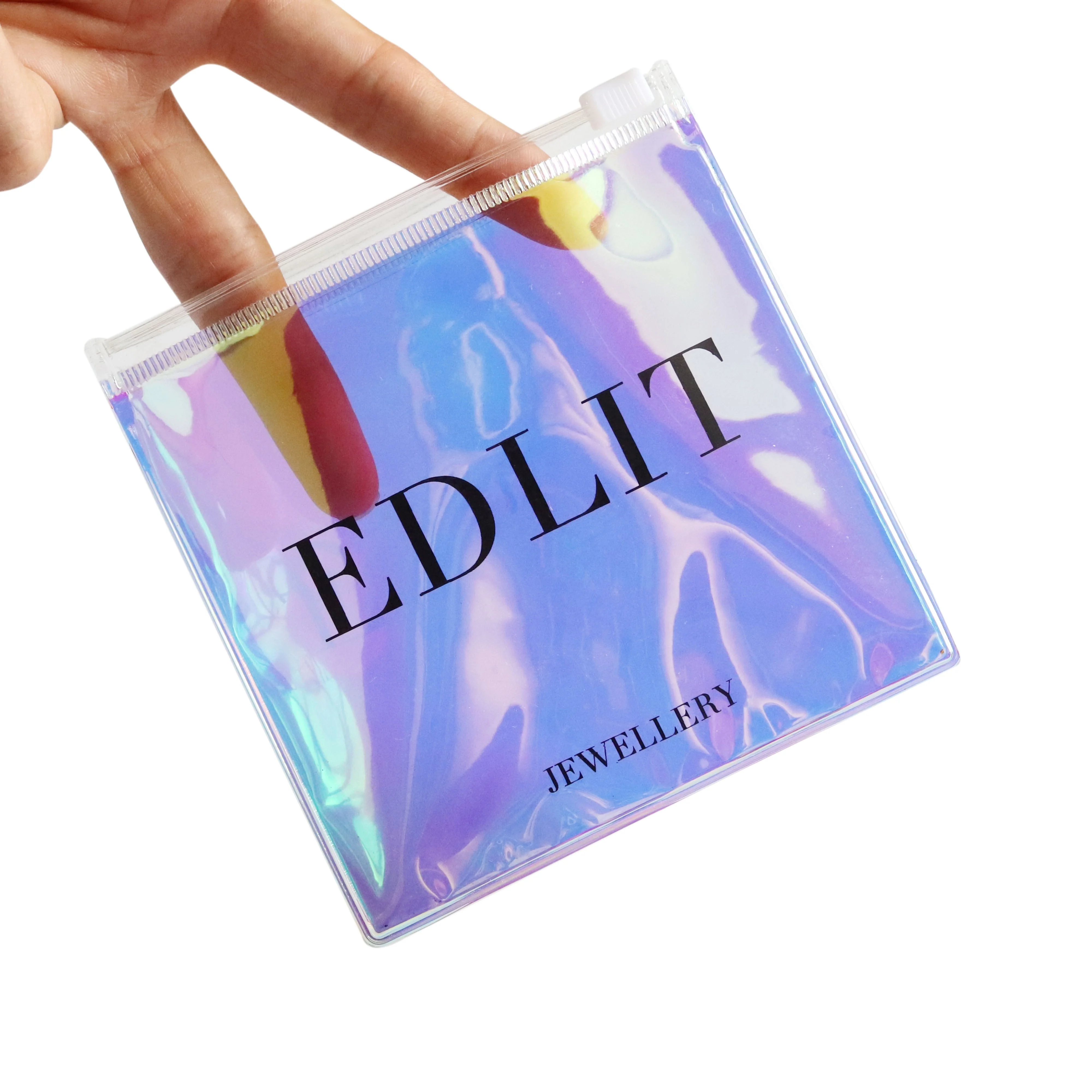 

Custom printed logo laser cosmetic packaging bag pvc holographic zip lock bag for jewelry