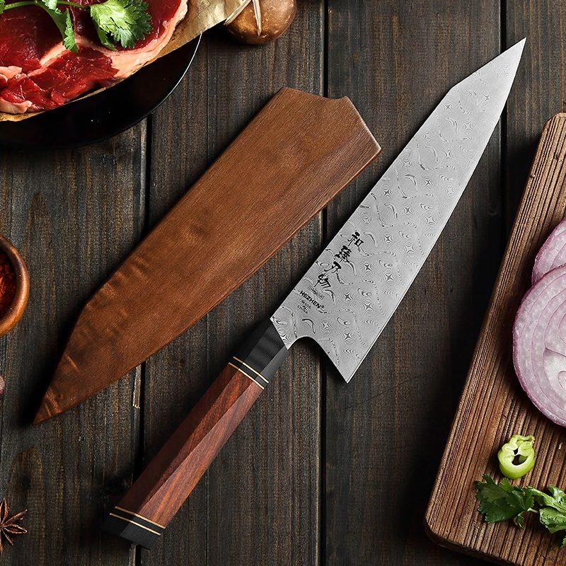 

HEZHEN Super sharp 110 layers Damascus steel kitchen Cutting chef knife with Desert Ironwood handle wooden Gift Box