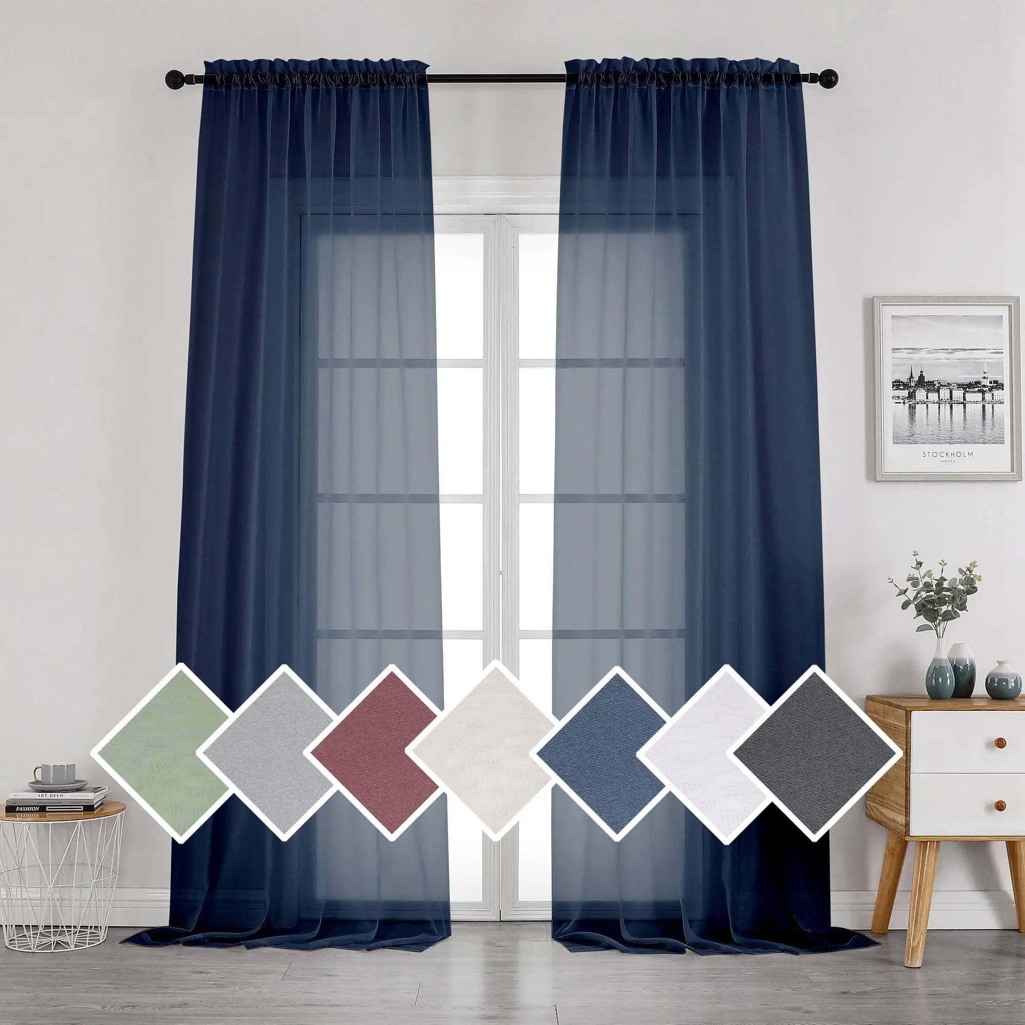 

European and American Style Voile Curtain Cloth Navy Blue OWENIE Ready Made Navy Blue Sheer Window Curtain Living Room