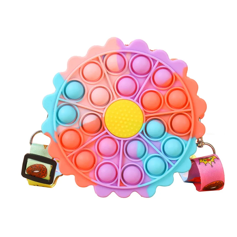 

Hot Selling Items Cute Sunflower Popping It Relieve Stress Silicone Mini Bags Kids Zipper Sling Coin Purse & Wallets, Yellow purple pink blue