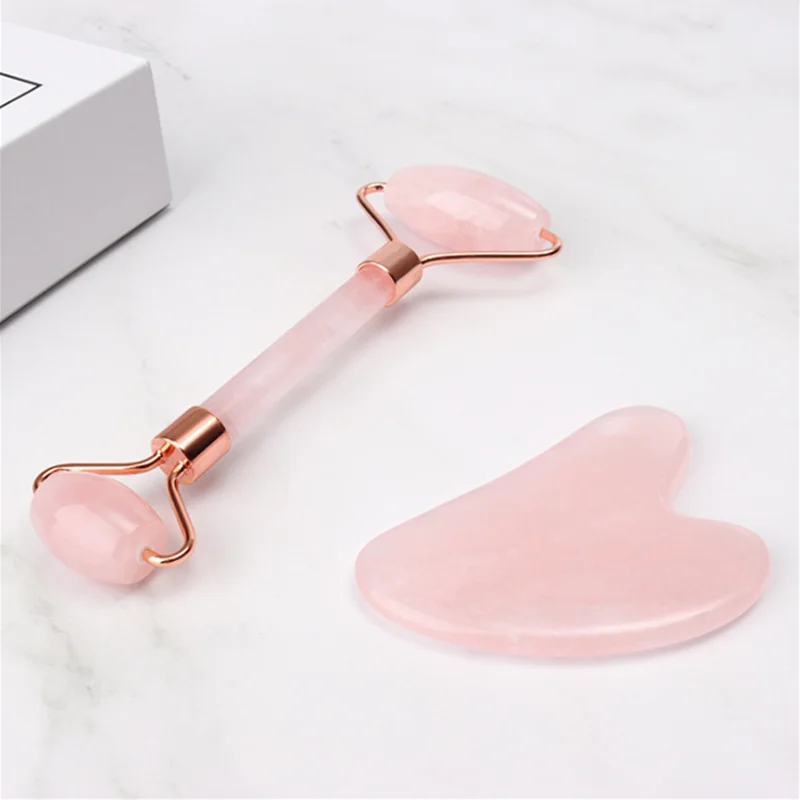 

Wholesale Custom Logo Masajeador Rodillo Facial Jade Stone Massage Roller Gua Sha Tool Set Jade Roller For Face, Pink rose quartz