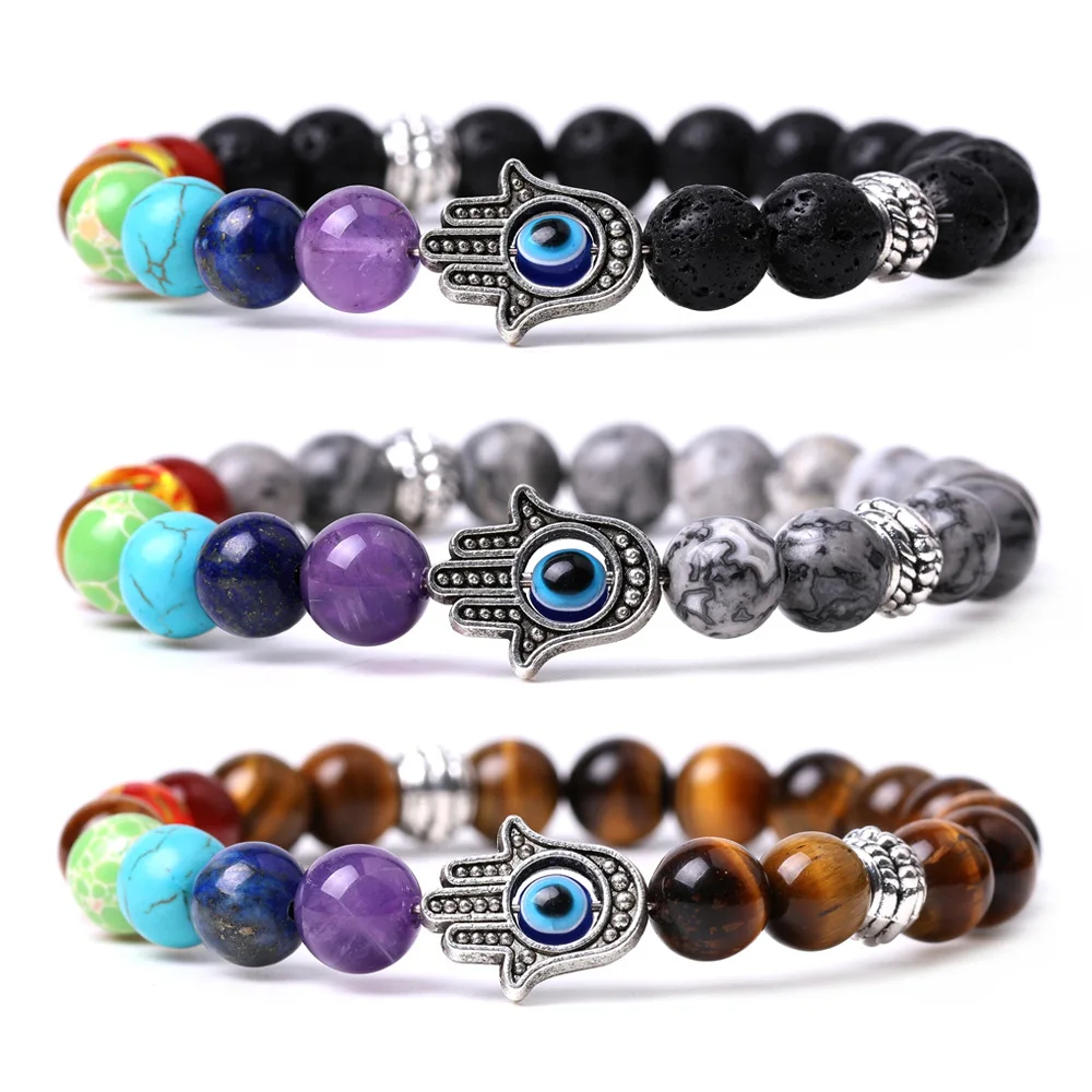 

Seven chakras Stone Bracelet lava crystal aura therapy balance beads Hamsa Hand