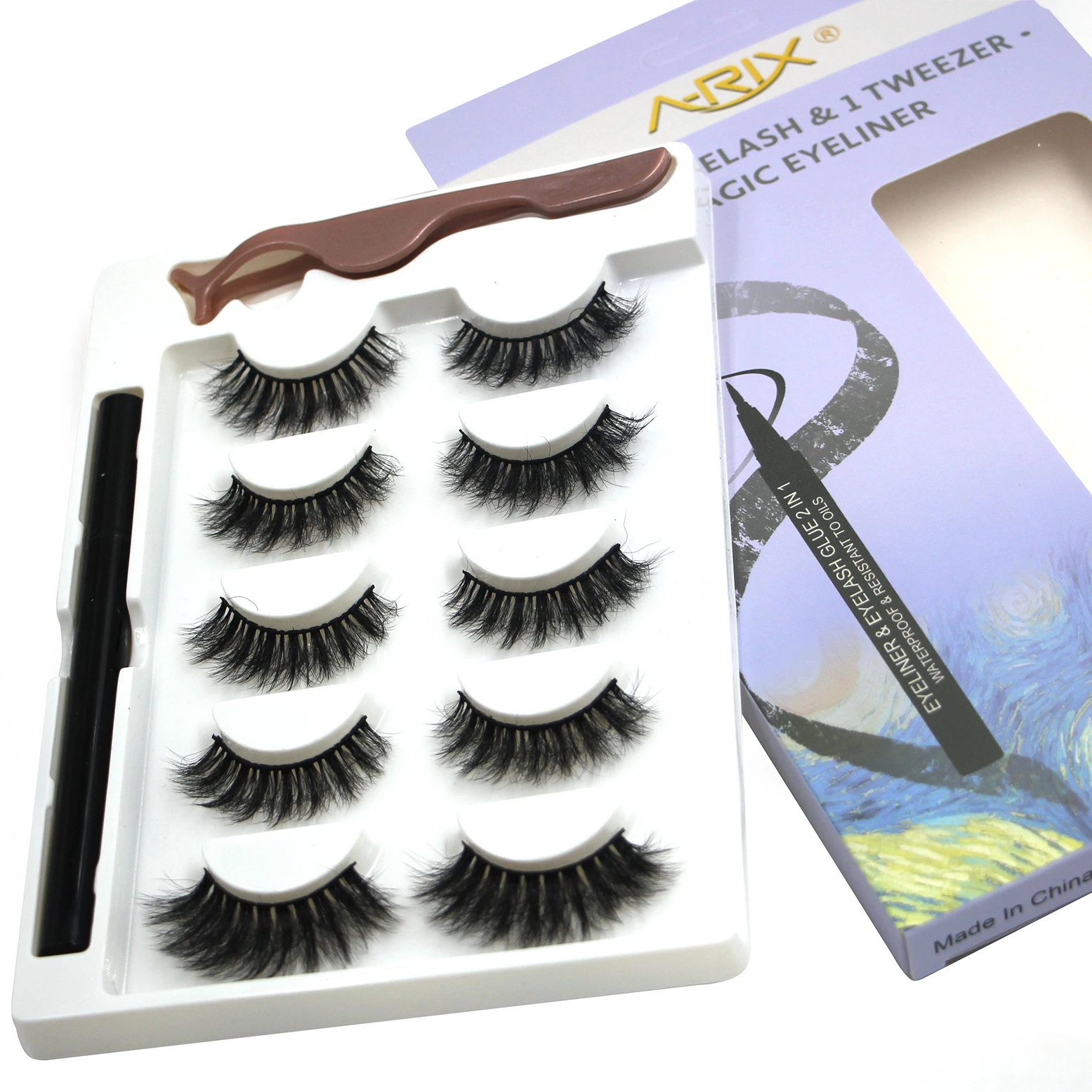 

New Products 5 Pairs Plus Faux Mink Eyelashes with Magic Adhesive Eyeliner and Tweezer, Black