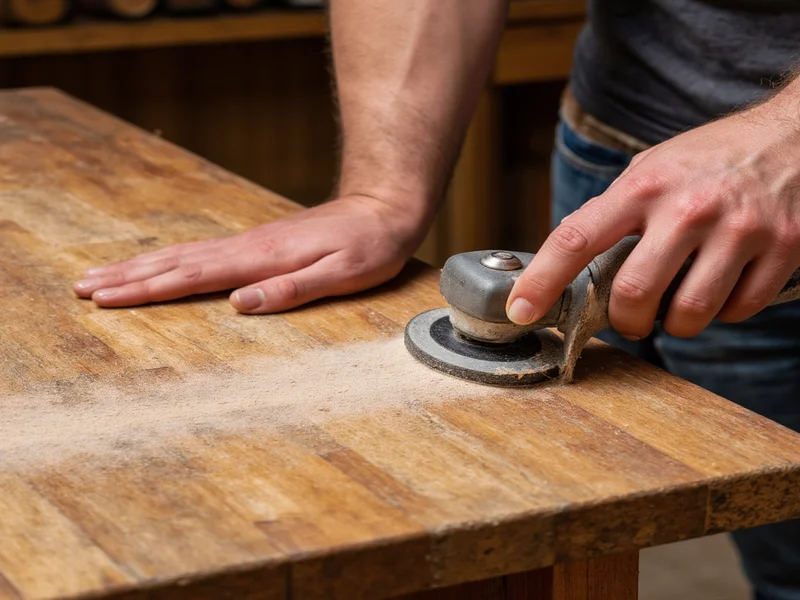 Woodworker grinding reclaimed timber surface