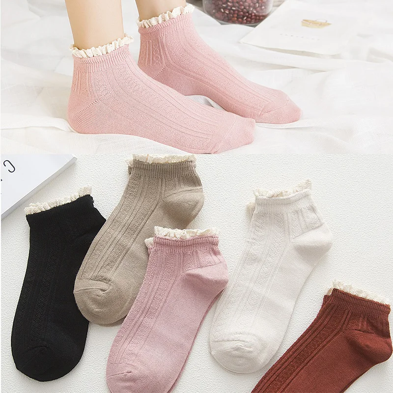

Custom Organic Bamboo Fiber Lace Cuff Solid Color Ankle Socks For Women Breathable Bamboo Socks