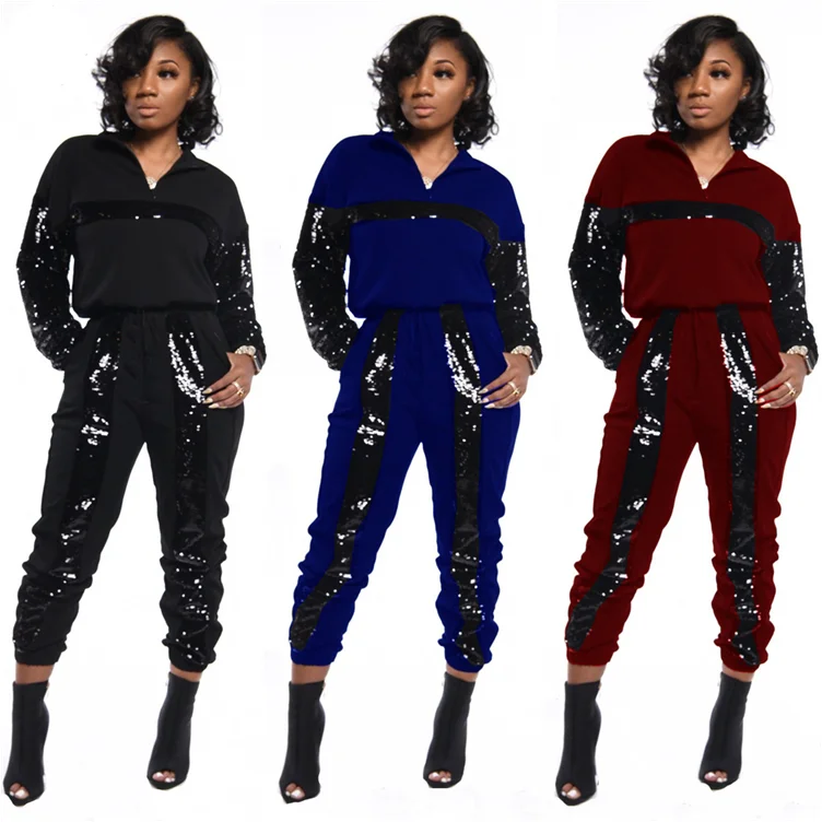 

*GC-T037 2020 new arrivals black sequin splicing solid casual Wholesale sports Fashion Women Clothing Two Piece Pants Suit Set, Black,burgundy,blue
