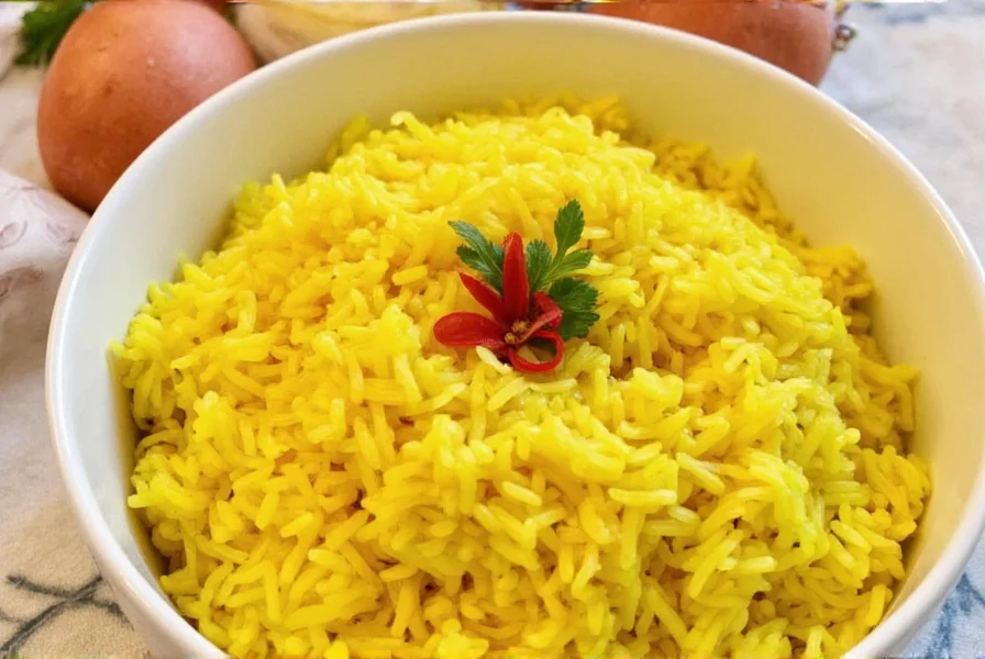 Golden saffron rice served alongside grilled chicken and roasted vegetables on traditional ceramic platter