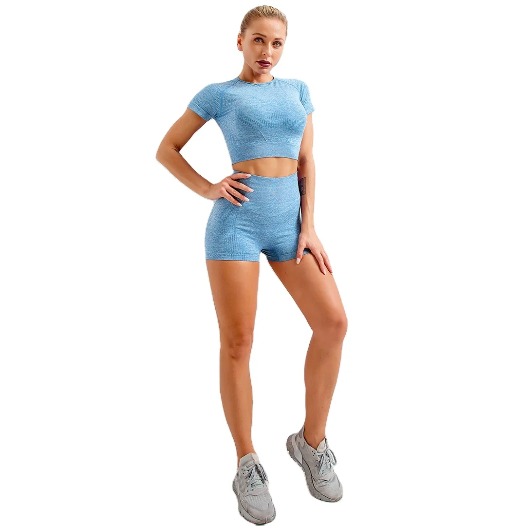 

Plus size fashion yoga wear two-piece suit sports shorts sleeve and tight shorts set for women, 8 colors