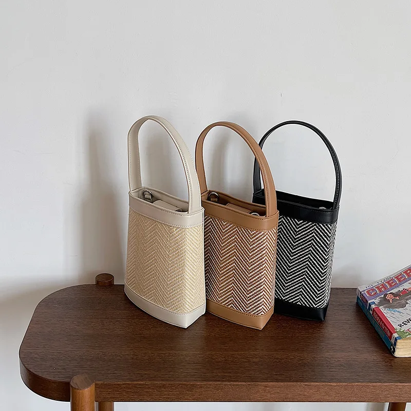 

ECO 2022 New Arrival Summer Straw Raffia Woven Bag With Long PU Leather Handles Handbag Custom LOGO Messenger Bag, Customized color
