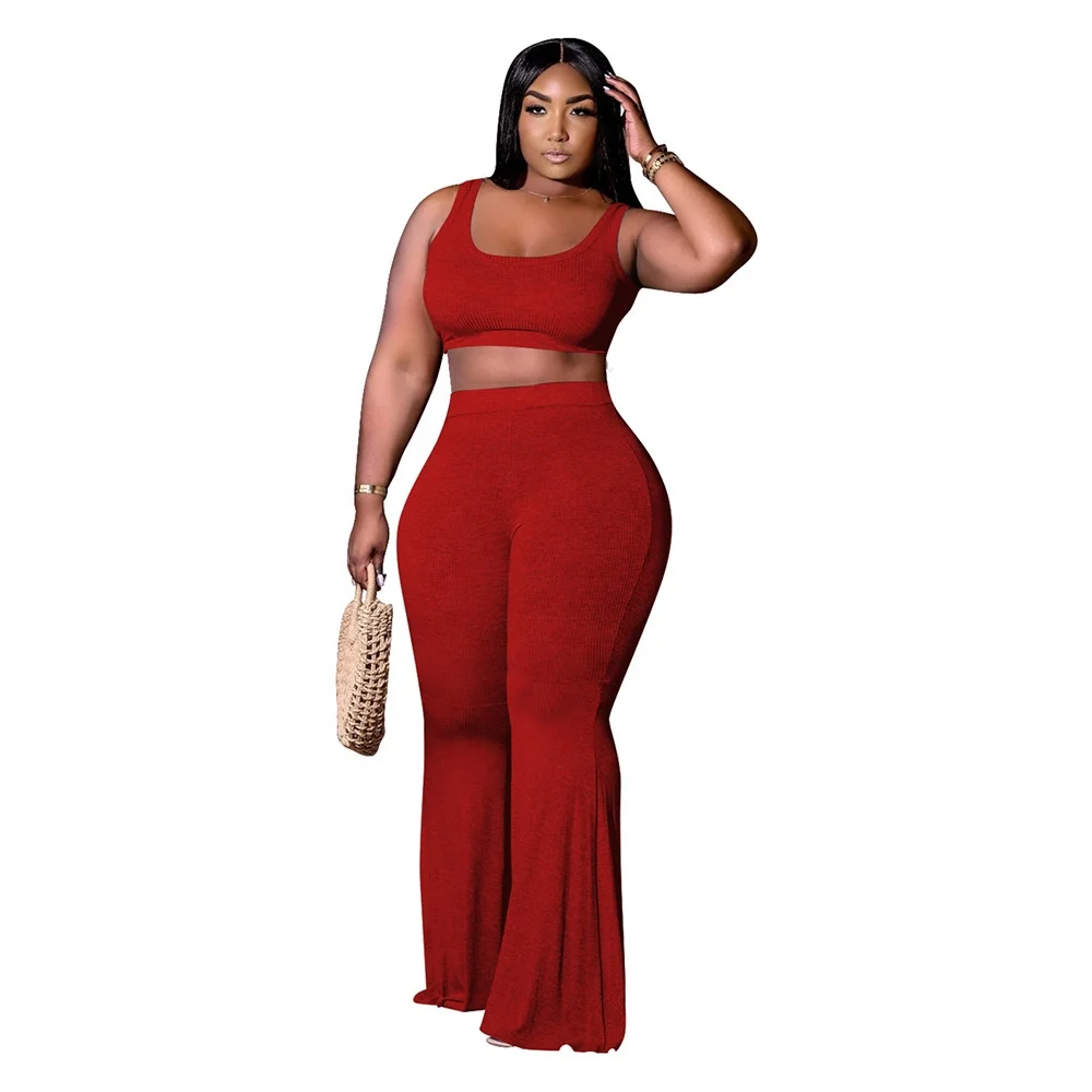 

Plus Size Stretch Slim Fit Solid Tank Top Flared Pants Trendy 2 Piece Set Women Summer