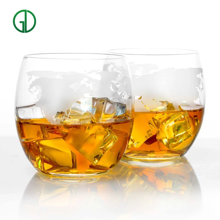 

hot selling 2021 amazon handmade frosted earth map printing whisky glass cup wine glass