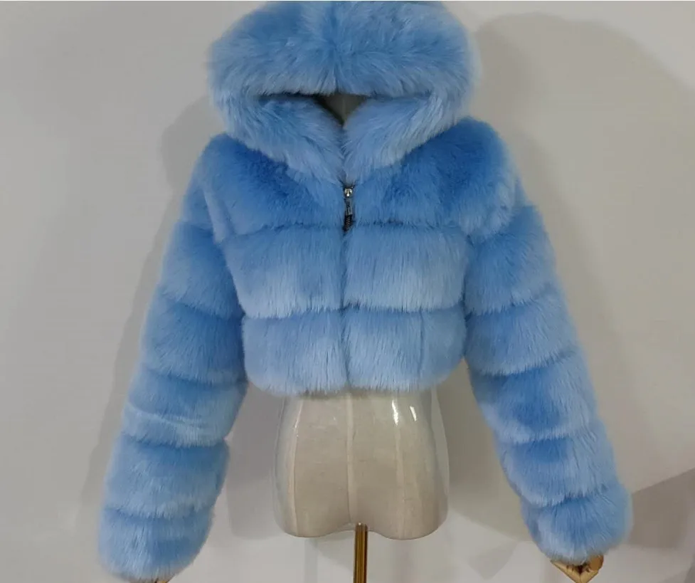 

Large stock High Quality Furry Cropped Faux Fur Coats and Jackets Women Fluffy Top Coat with Hooded Winter Fur Jacket manteau femme, As shown