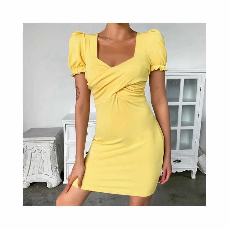 

Korean Summer Women Puff Sleeve Square Collar High Waist Mini Dresses For Women, Picture color