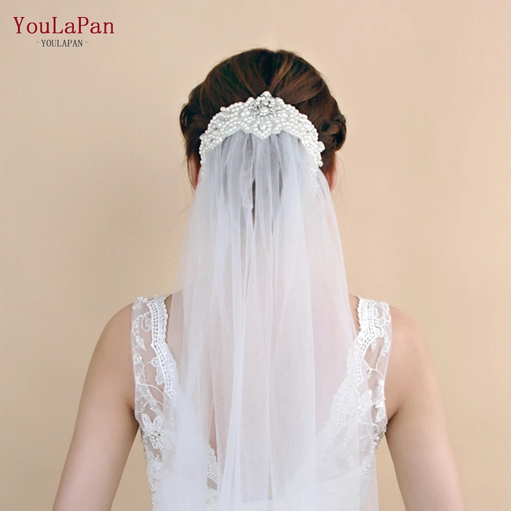 

Youlapan VS26A Wholesale White Color One Layer Pearls Trim Engagement Shiny Rhinestones Bridal Veil With Crystals, White/ivory