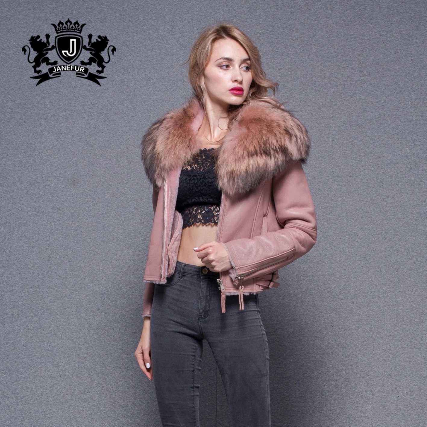 

Janefur Winter Thick Warm Luxury Real Leather Coat Natural Big Fluffy Raccoon Fur Collar Genuine Shearling Jacket Women, 4 colors for stock, customized color