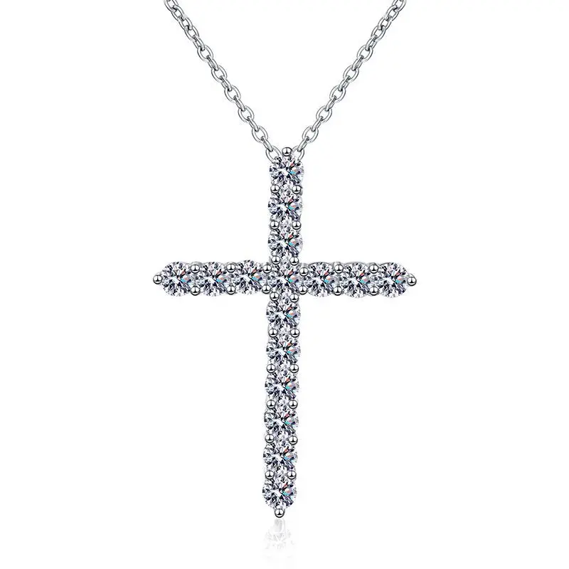 Women's Fashion 925 Sterling Silver Cross Pendant With 1.6 Karat Moissanite D-Mosan Diamond 925 Silver Plated Necklace