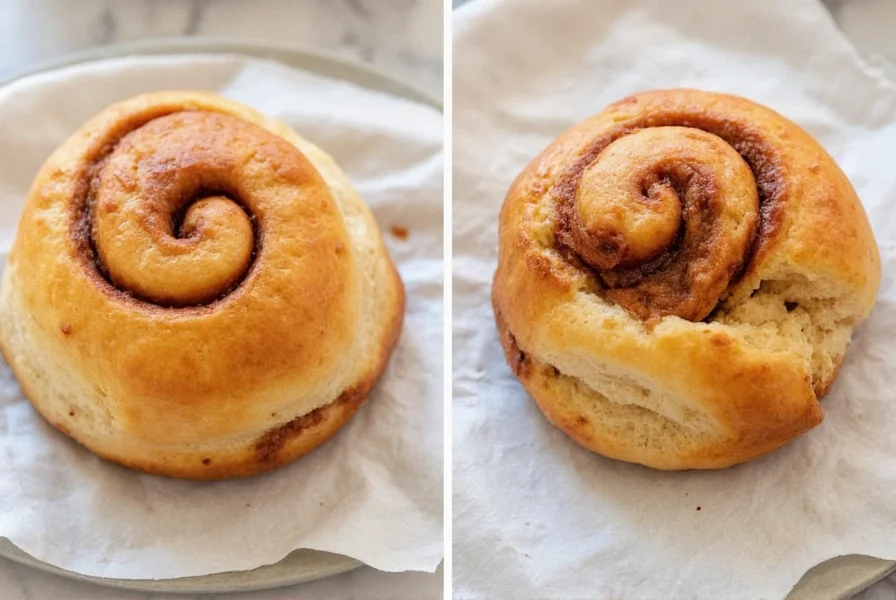 Side-by-side comparison of perfectly baked cinnamon roll next to one with common visual flaws including collapsed center and leaking filling
