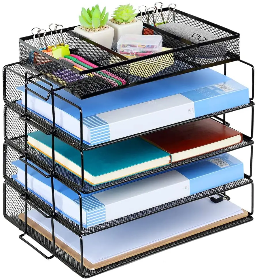 

A4 Paper Sorter Mesh Stackable Design Letter Tray Storage Box With Lid Black 5 Tier Paper File Holder Desk Organizer