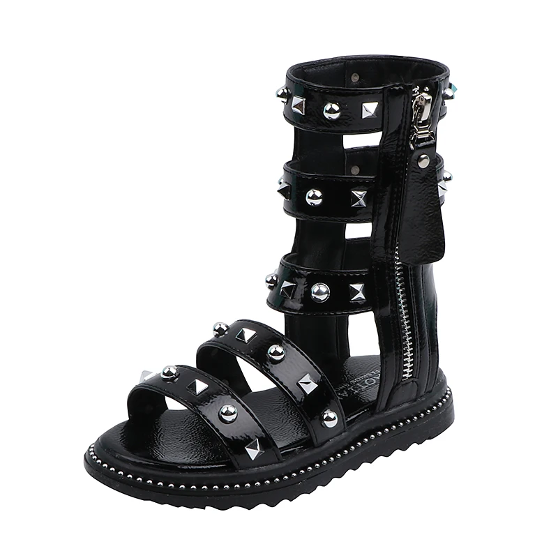 

Hot selling summer Korean high-top Roman sandals hollow fashion rivets girls children sandals, Black/pink/white