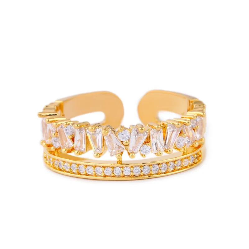 

High Quality Gold Plated 18K ring sterling silver 925 jewelry Women double row Resizable gift Party cz sterling silver rings, White gold (rose gold, yellow are avaliable)