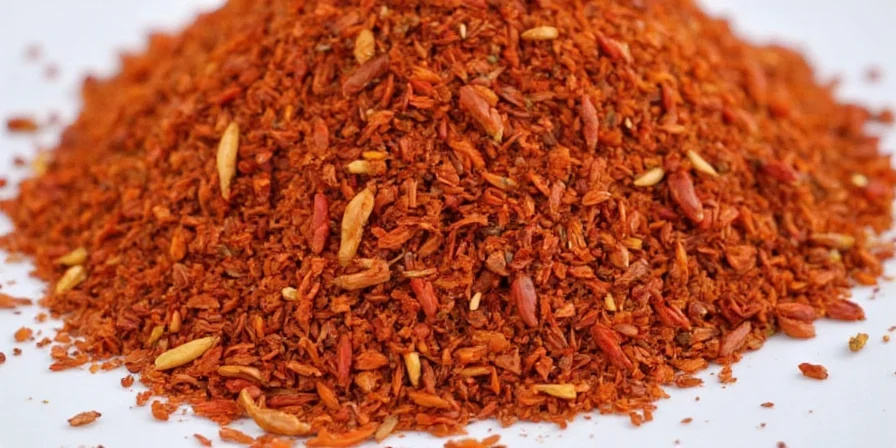 Close-up of various types of dried chili flakes