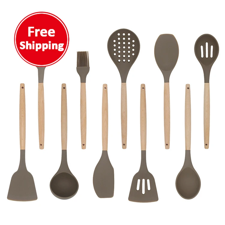 

10pcs non-stick cookware wooden silicone handle spoon spatula utensil set