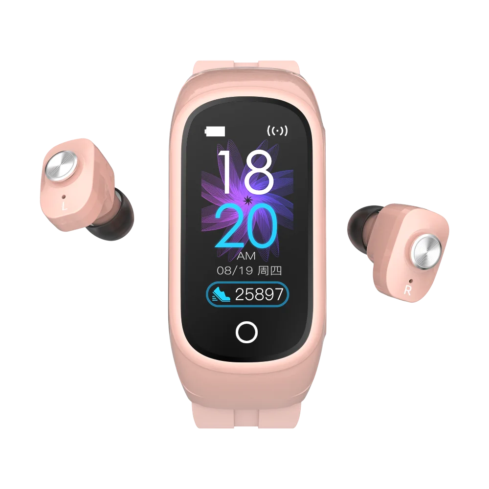 

2 in 1 Smart Running Watch Smartwatch N8 Wireless Earphone 220mAh Bluetooth Call Smart Bracelet Headset, Black/pink/gray/red