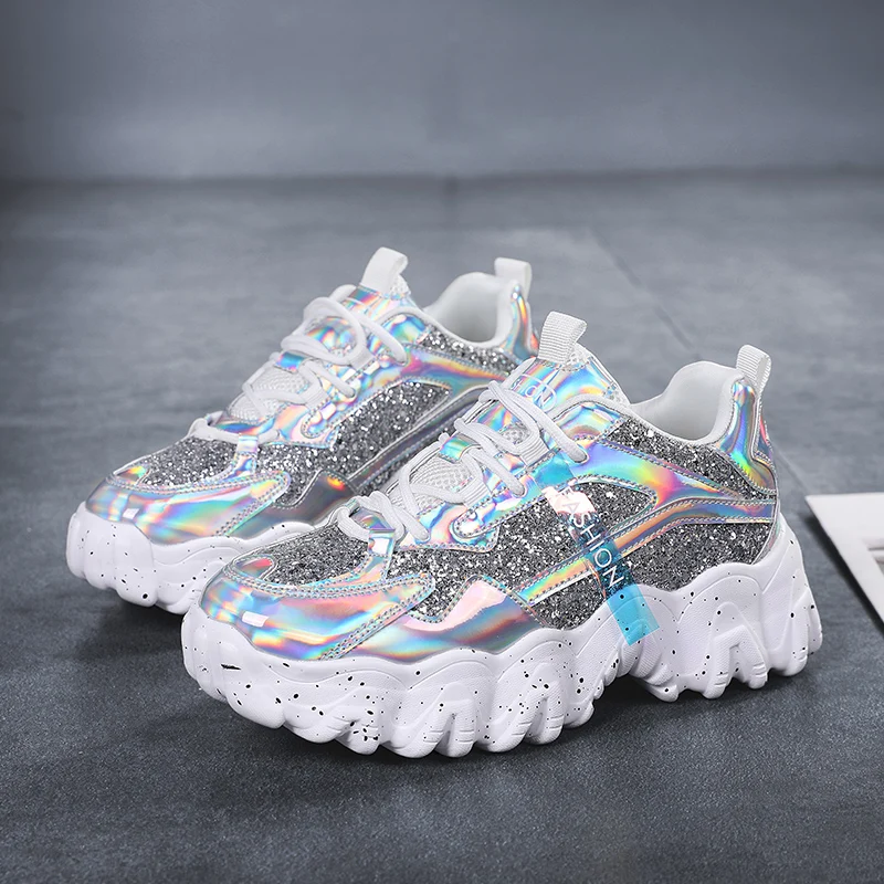 

OEM SHOES bling upper platform chunky shoes ladies leather sneakers
