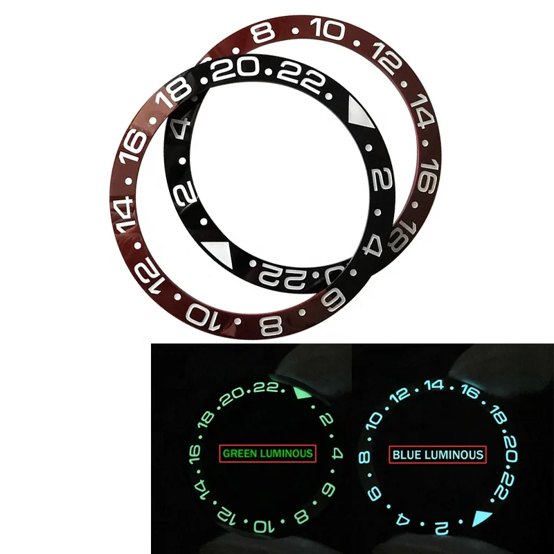 

GMT Ceramic Bezel Inserts 38mm*30.6mm C3 Green/Blue Luminous Modified NH34 GMT Watch Case Parts Slopping Root beerr Bezel