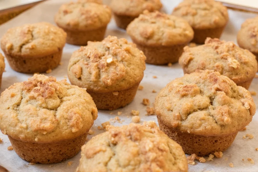 Perfectly golden cinnamon muffins with visible streusel topping on a baking sheet