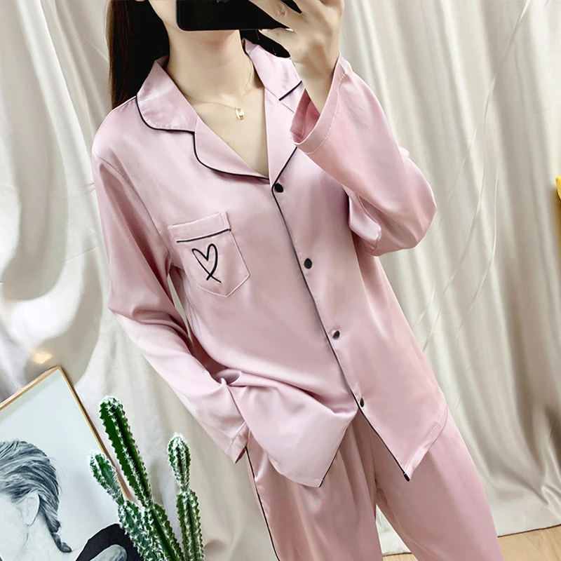 

JULY'S SONG Faux Silk New Design Pajamas Set Full Sleeve Long Pants Sleepwear Pink Black Female Heart Embroidered Loungewear, Pink black blue